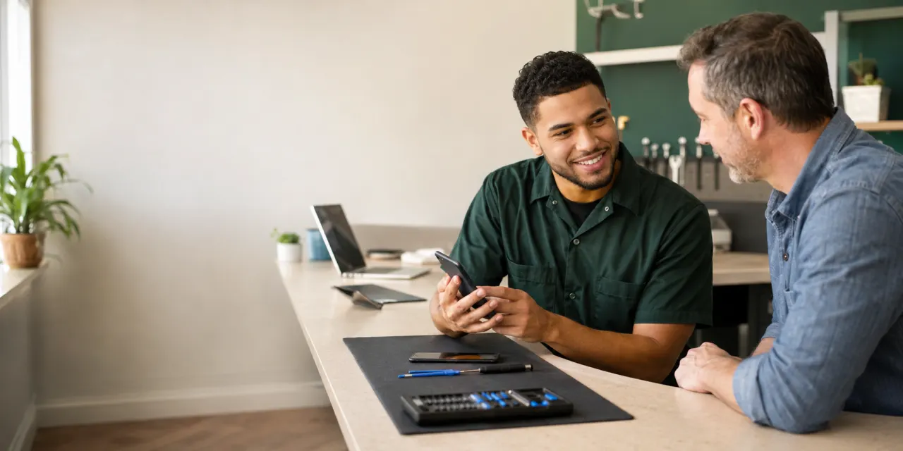 A Mobile World technician helping a customer with a phone