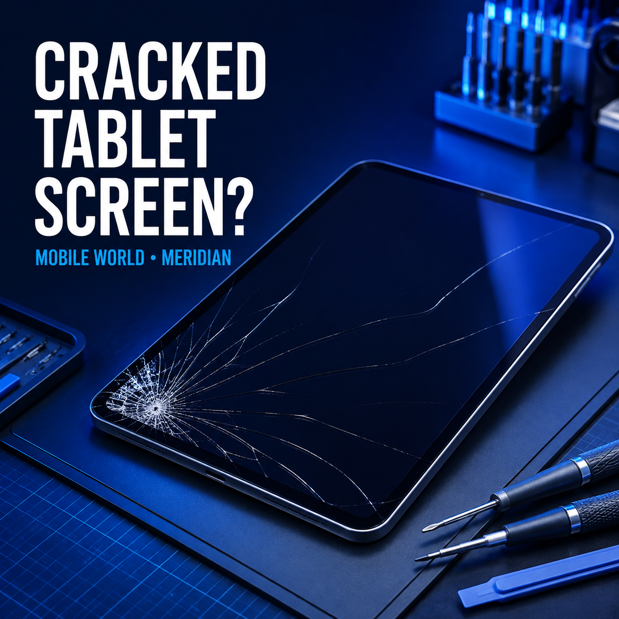 Promotional graphic showing a cracked tablet screen with Mobile World Meridian text